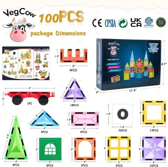 VegCow - Magnetisch Speelgoed - Magnetische Bouwstenen - Tegels - 100 Stuks - Montessori - Magnetic Tiles 6 VegCow - Magnetisch Speelgoed - Magnetische Bouwstenen - Tegels - 100 Stuks - Montessori - Magnetic Tiles - Afbeelding 6